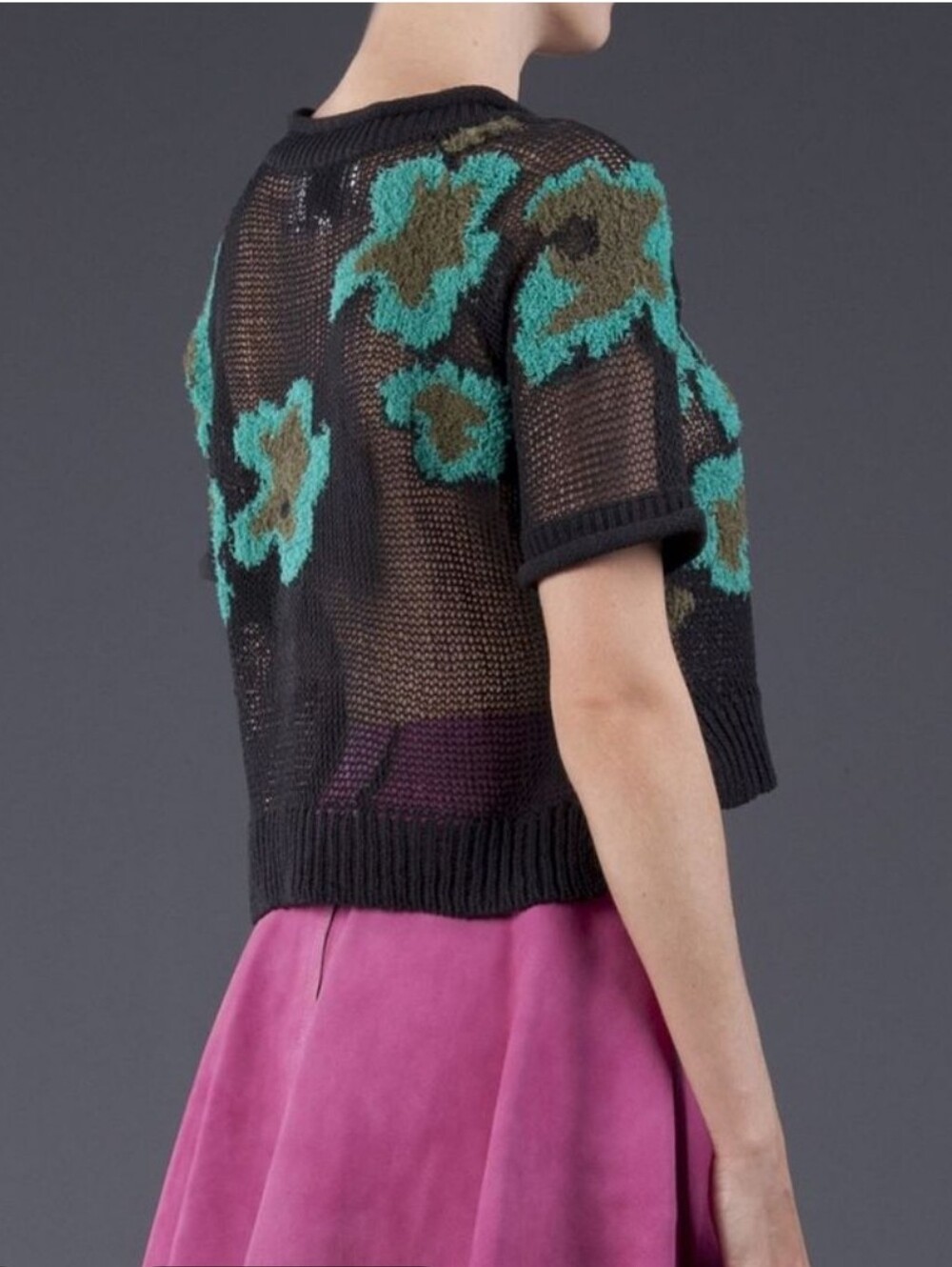 3.1 Phillip Lim $499 Knit Semi Sheer Short Sleeve Top Size M Black/Turqoise